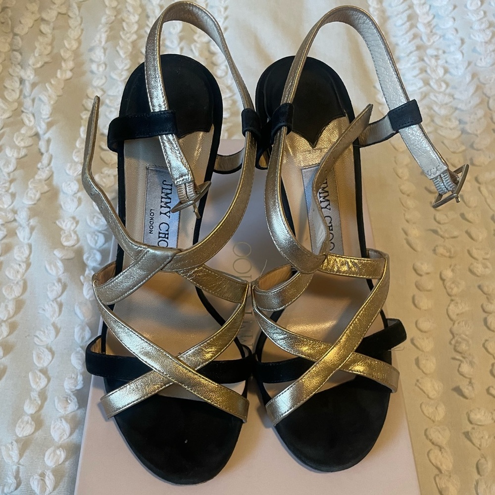 jimmy choo black & gold leather strappy heels sz 37.5